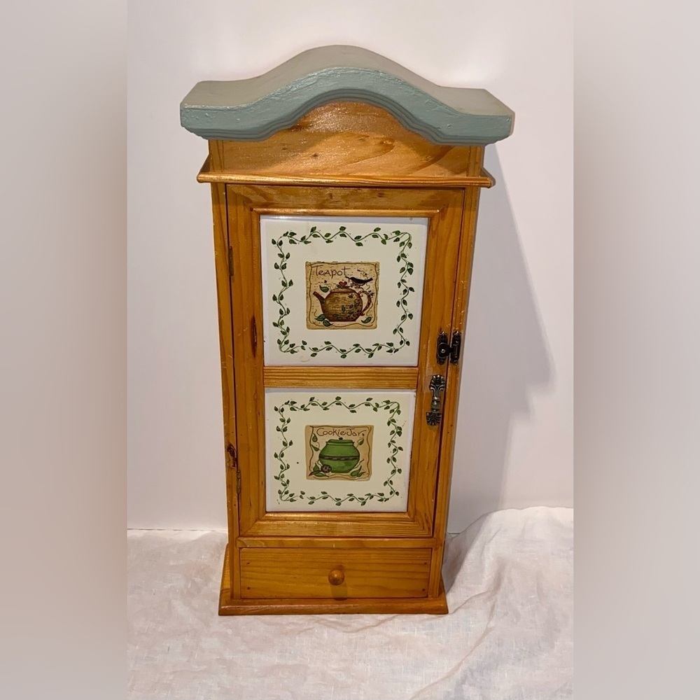 Handmade‎ pine Vintage Tea/spices Cupboard Ceramics honey wood tone & sage green